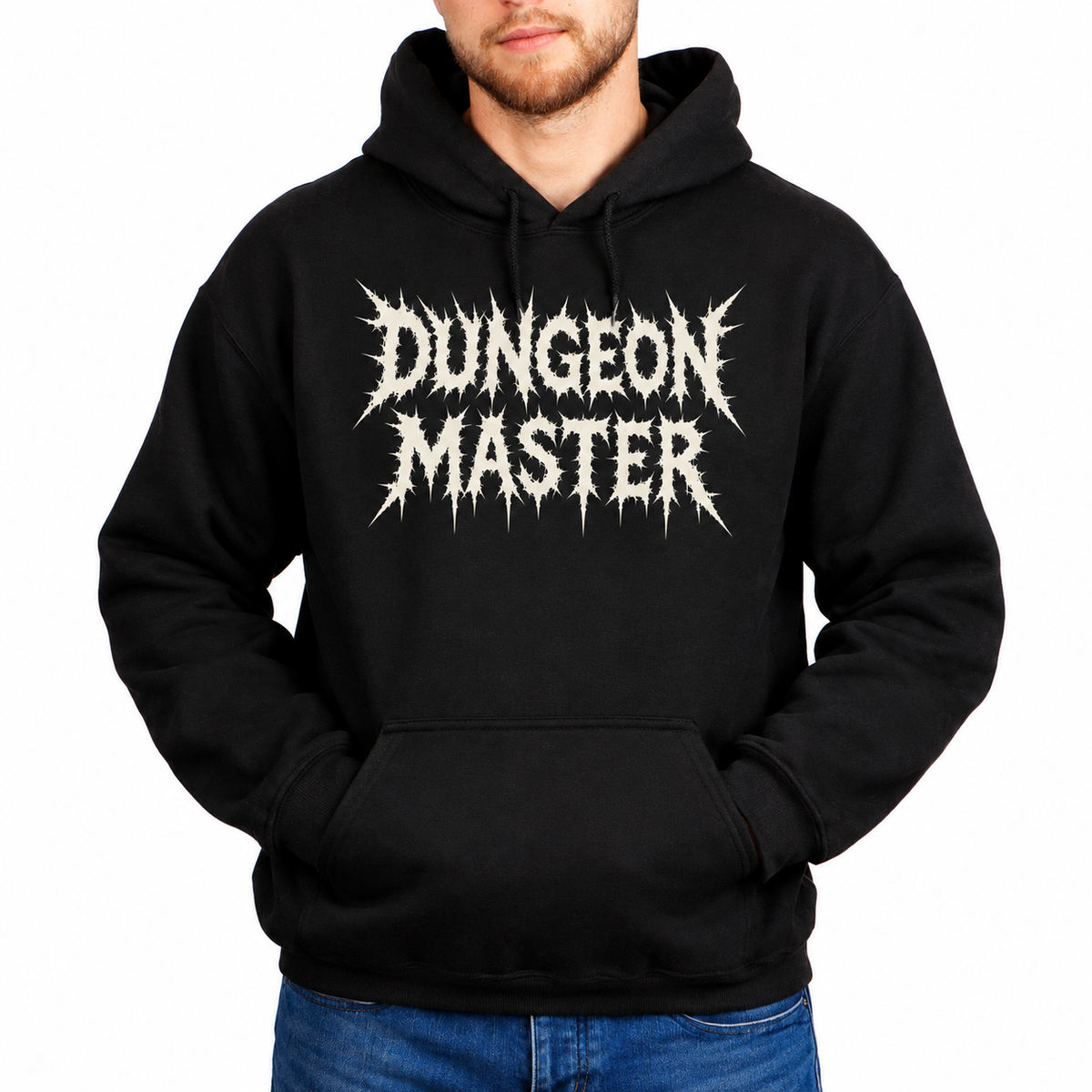 Male model wearing Dungeon Master Gothic black D&D hoodie