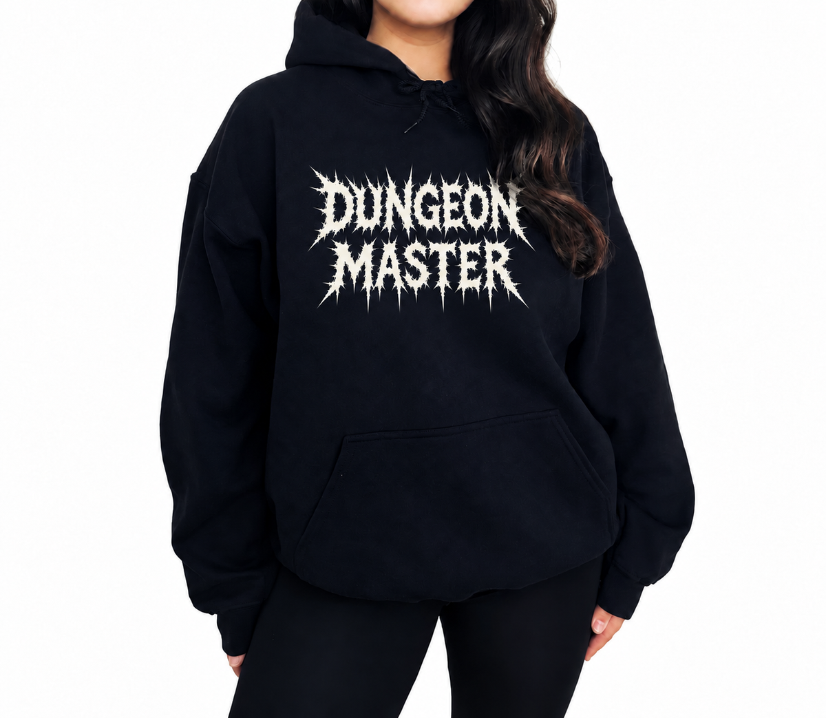 Female model wearing Dungeon Master Gothic black D&D hoodie