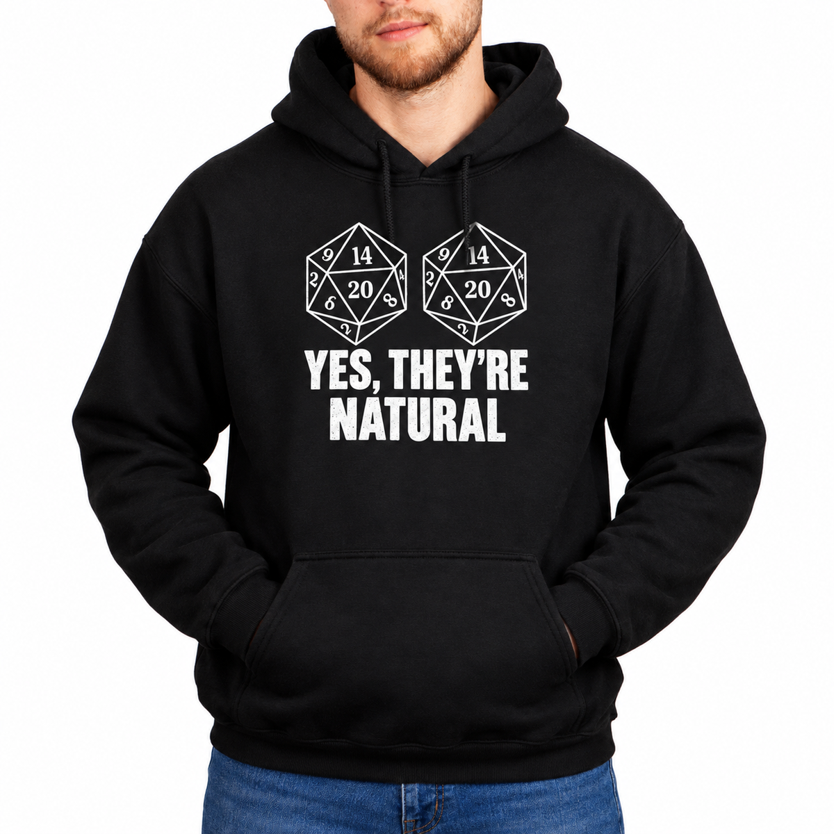 Male model wearing Yes, They’re Natural black D&D hoodie