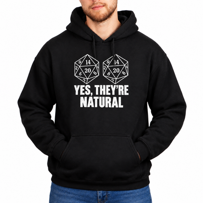 Male model wearing Yes, They’re Natural black D&D hoodie
