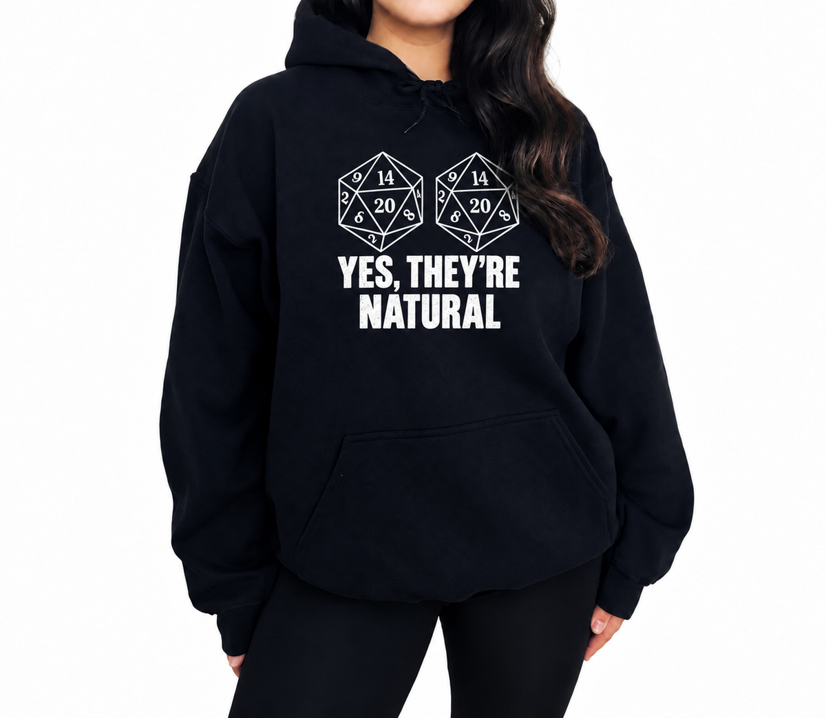 Female model wearing Yes, They’re Natural black D&D hoodie