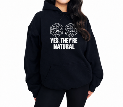 Female model wearing Yes, They’re Natural black D&D hoodie