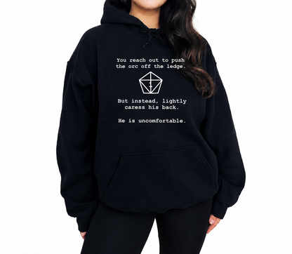 Female model wearing Uncomfortable Natural One black D&D hoodie