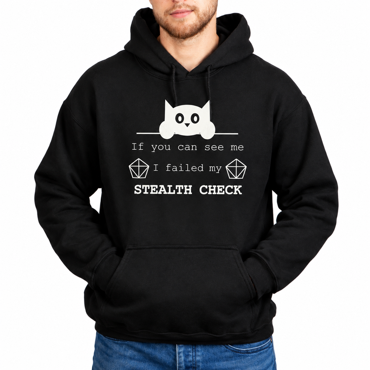 Male model wearing Failed Stealth Cat black D&D hoodie