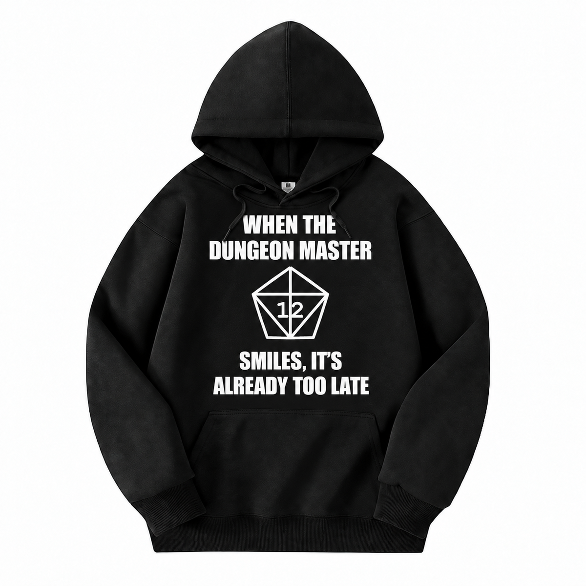 The Dungeon Master Smiles black D&D hoodie front view