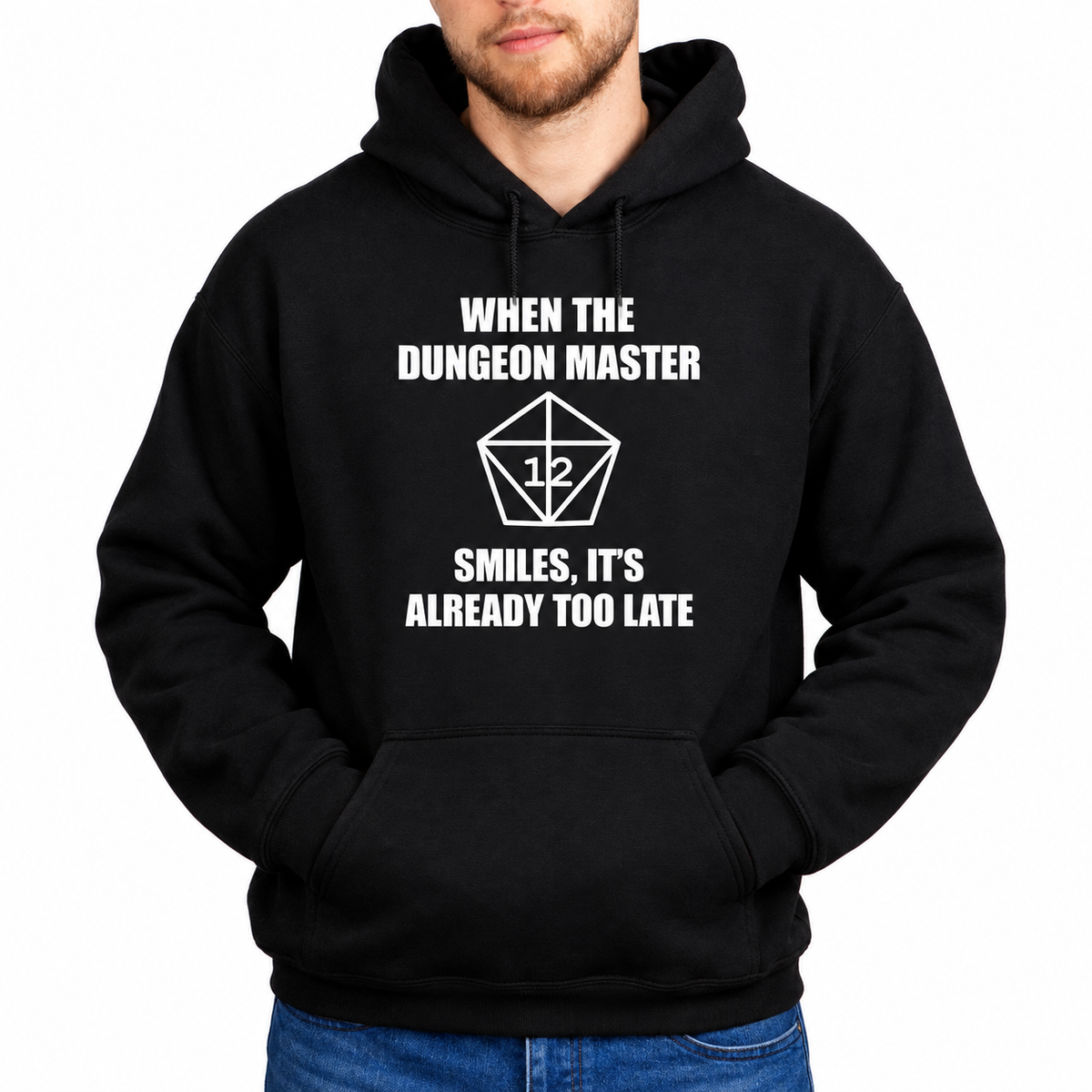 Male model wearing The Dungeon Master Smiles black D&D hoodie