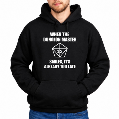 Male model wearing The Dungeon Master Smiles black D&D hoodie