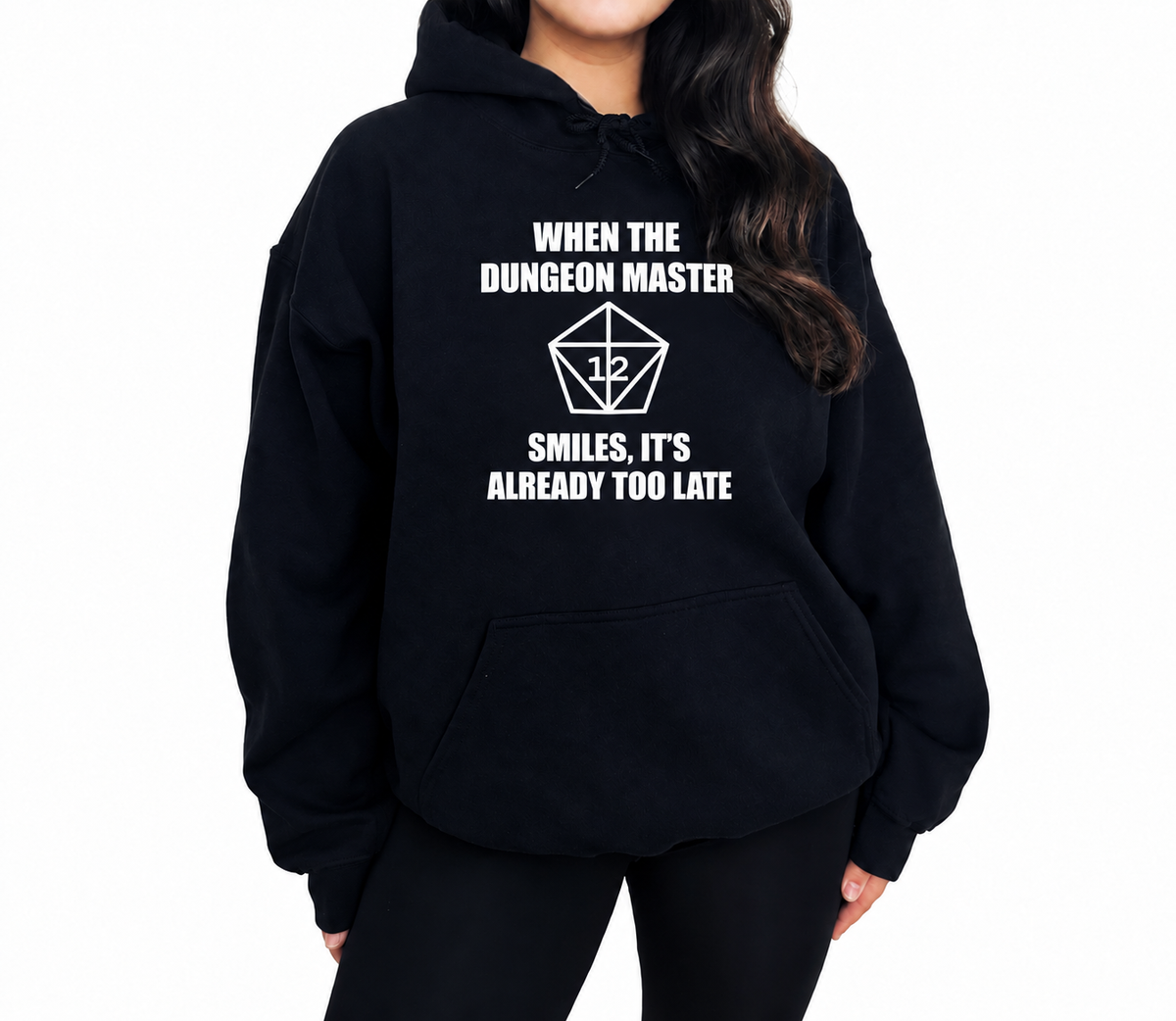 Female model wearing The Dungeon Master Smiles black D&D hoodie