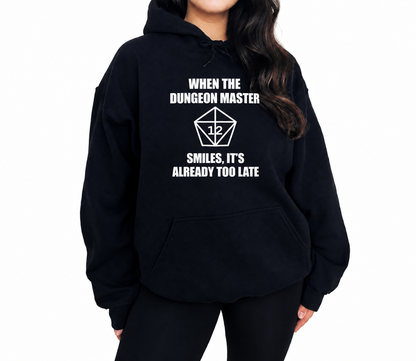 Female model wearing The Dungeon Master Smiles black D&D hoodie