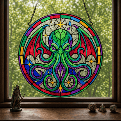 Astral Devourer DnD stained glass suncatcher hanging in a dark wood window