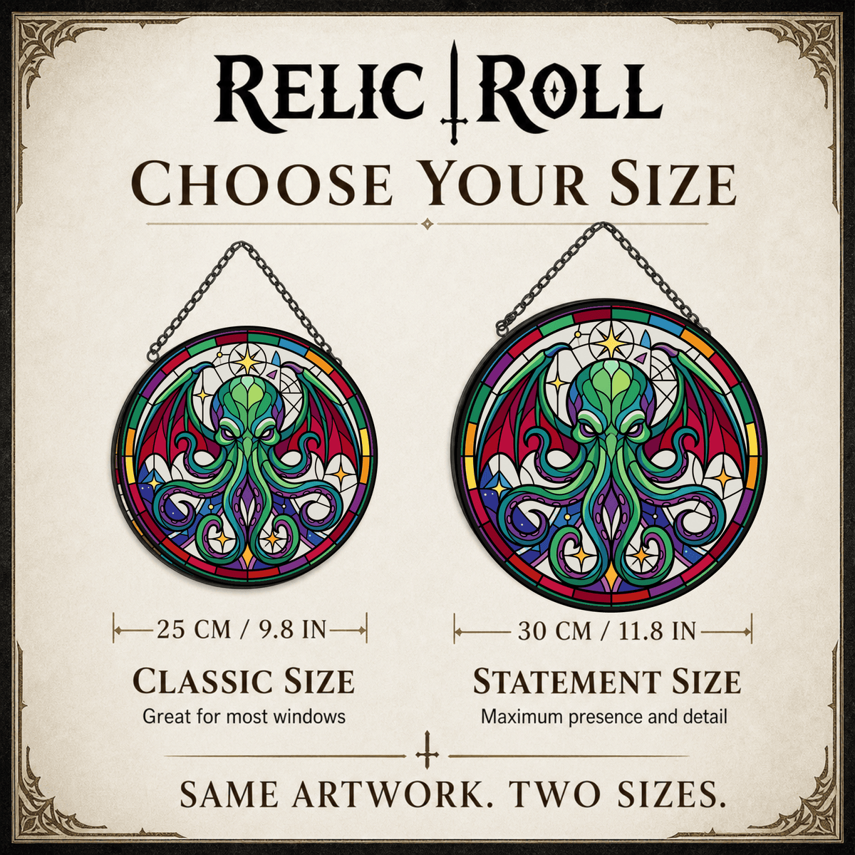 Astral Devourer stained glass suncatcher 25 cm and 30 cm size guide