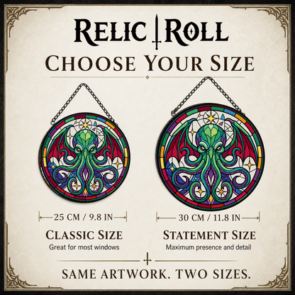 Astral Devourer stained glass suncatcher 25 cm and 30 cm size guide