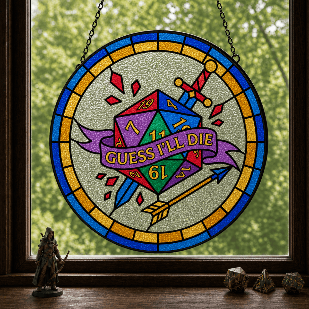 Guess I’ll Die - Stained Glass Suncatcher Guess I’ll Die | Funny D20 DnD Stained Glass Suncatcher