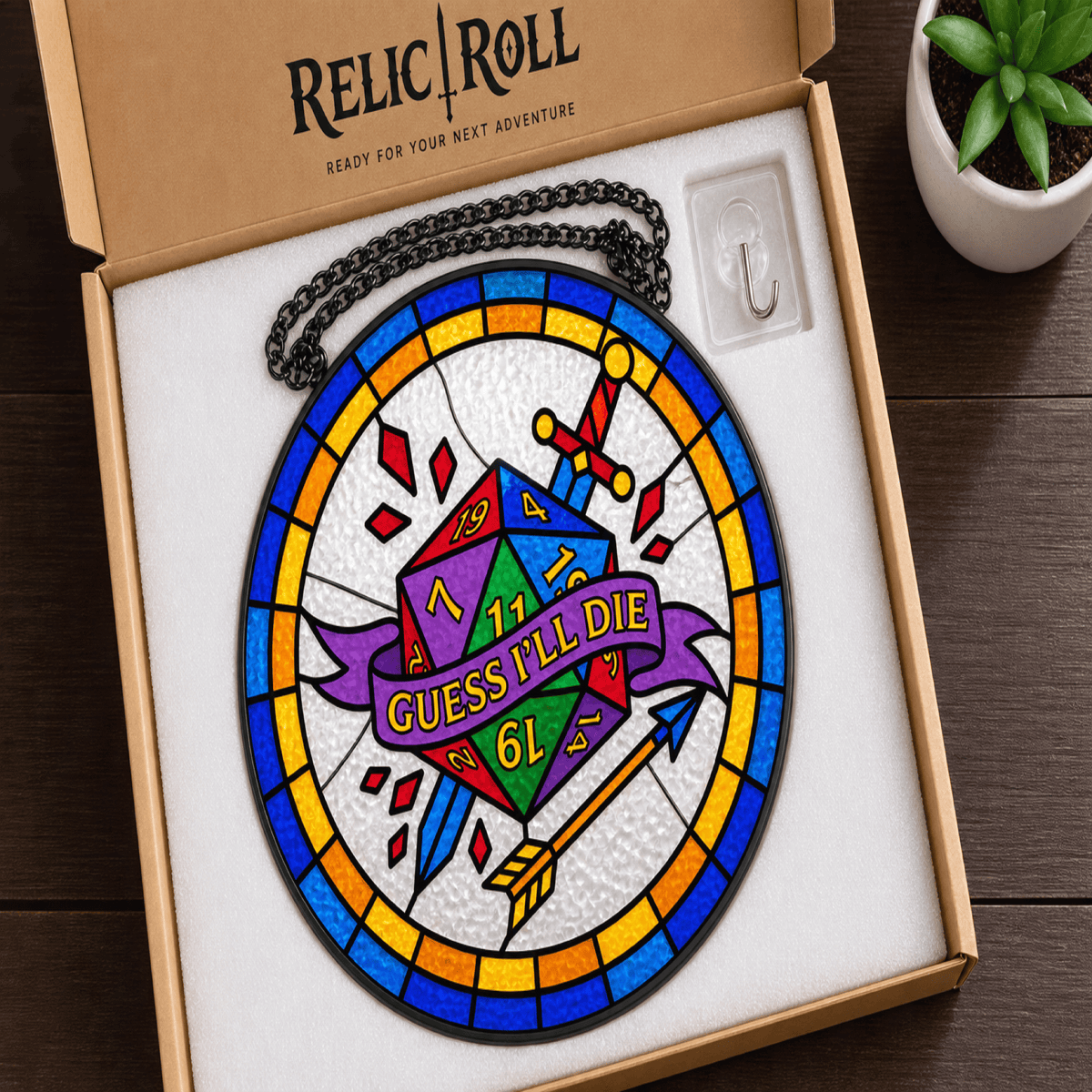 Guess I’ll Die - Stained Glass Suncatcher Guess I’ll Die | Funny D20 DnD Stained Glass Suncatcher