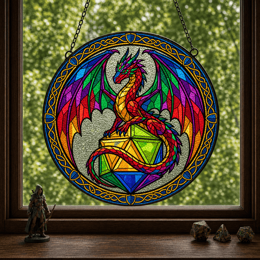 Chromatic Hoard - Stained Glass Suncatcher Chromatic Hoard | Dragon DnD Stained Glass Suncatcher