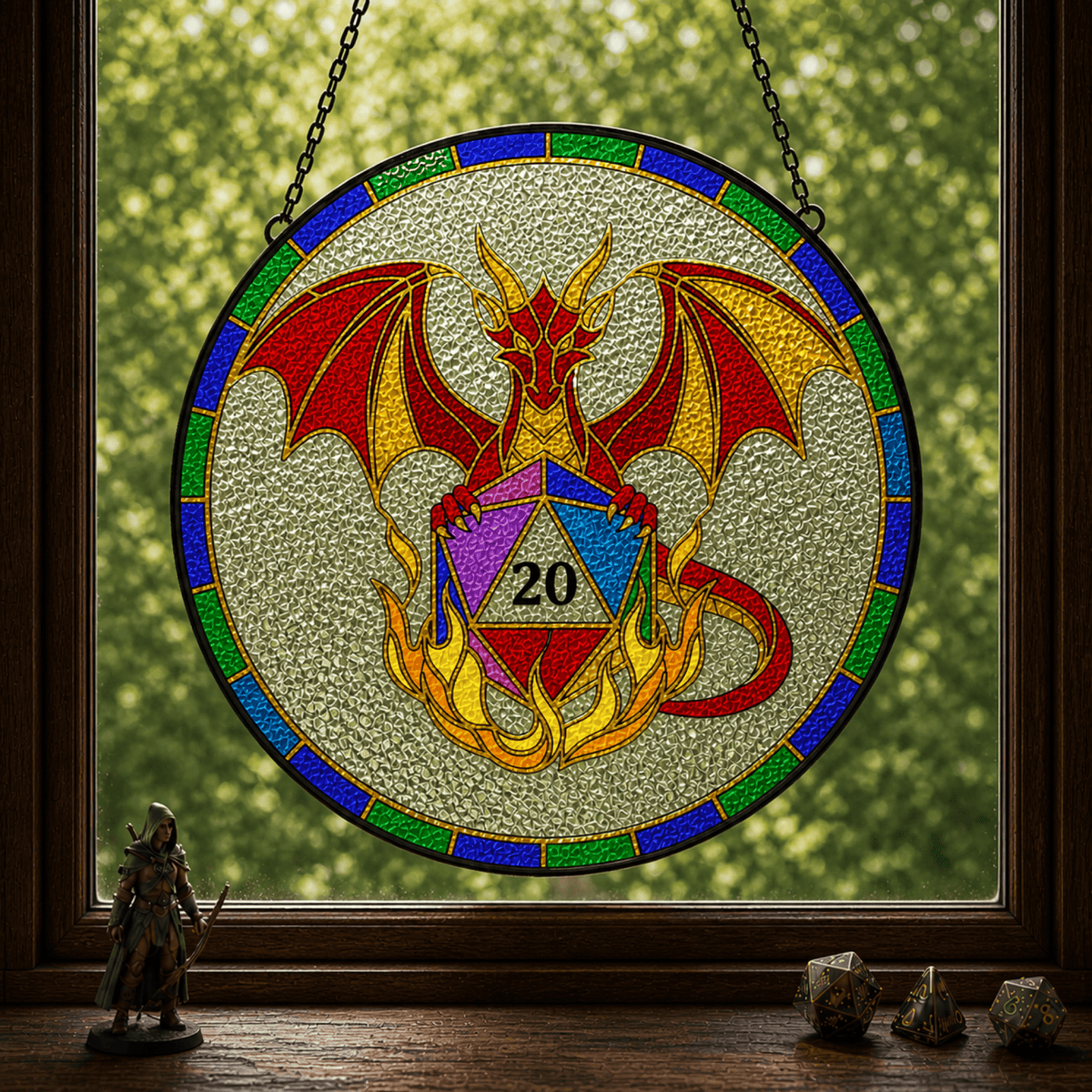 Emberbound Critical - Stained Glass Suncatcher Emberbound Critical | Dragon D20 Stained Glass Suncatcher