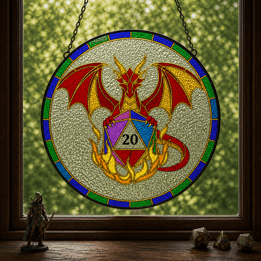 Emberbound Critical - Stained Glass Suncatcher Emberbound Critical | Dragon D20 Stained Glass Suncatcher