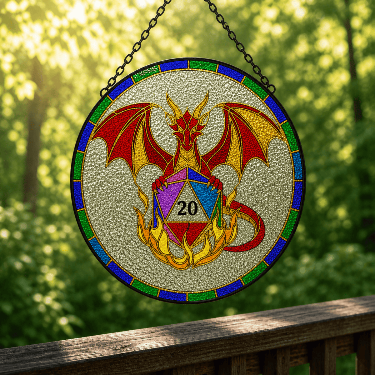 Emberbound Critical - Stained Glass Suncatcher Emberbound Critical | Dragon D20 Stained Glass Suncatcher