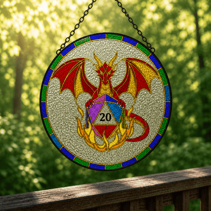 Emberbound Critical - Stained Glass Suncatcher Emberbound Critical | Dragon D20 Stained Glass Suncatcher