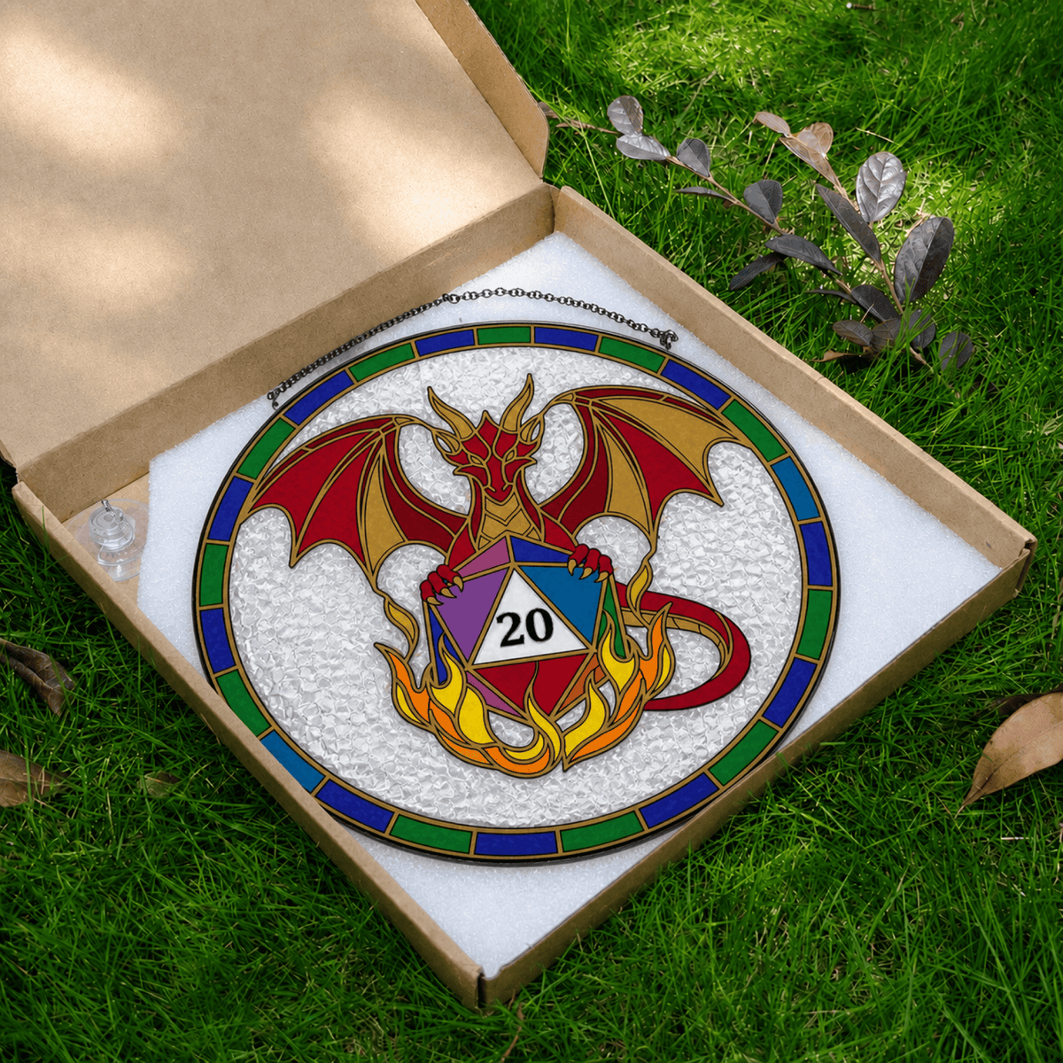 Emberbound Critical - Stained Glass Suncatcher Emberbound Critical | Dragon D20 Stained Glass Suncatcher