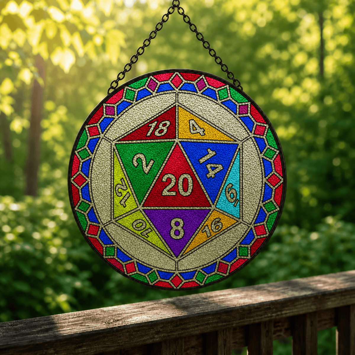 Emerald Fatewheel - Stained Glass Suncatcher Emerald Fatewheel | Green D20 Dice Stained Glass Suncatcher