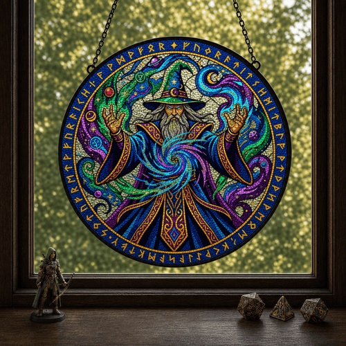 Runebound Archmage - Stained Glass Suncatcher Runebound Archmage | Wizard DnD Stained Glass Suncatcher