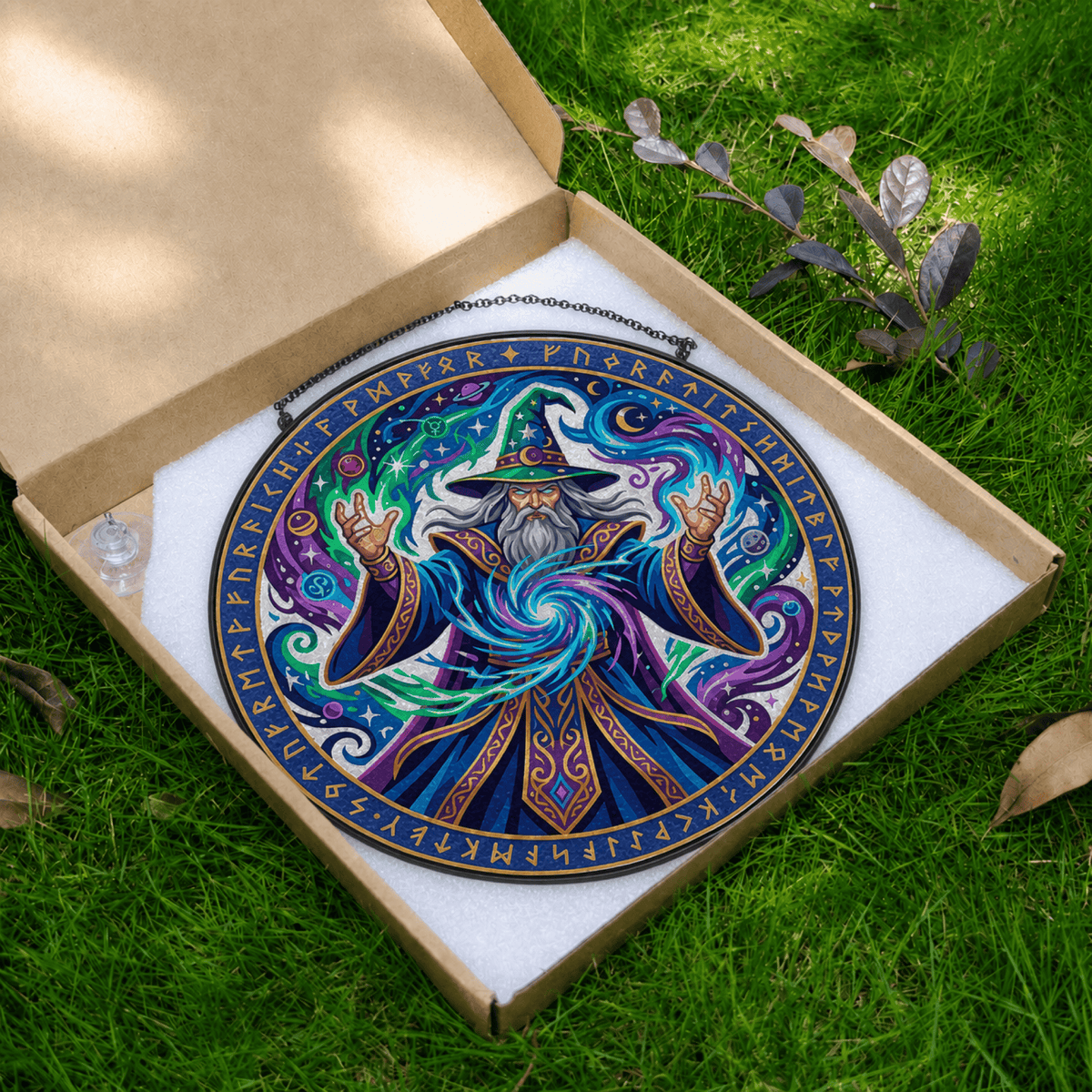 Runebound Archmage - Stained Glass Suncatcher Runebound Archmage | Wizard DnD Stained Glass Suncatcher