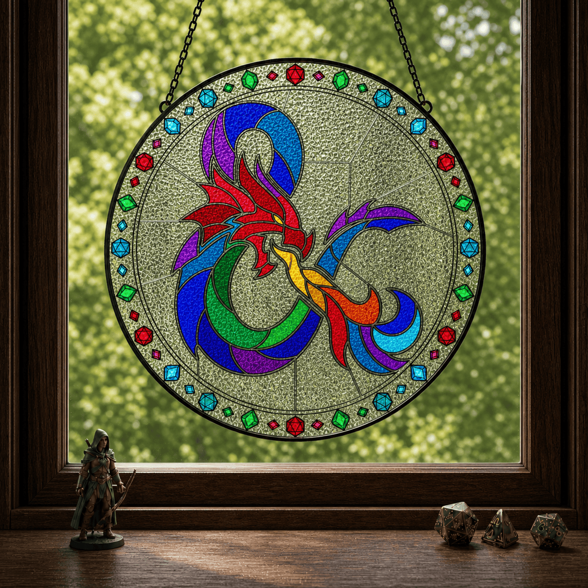 Chromatic Sigil - Stained Glass Suncatcher Chromatic Sigil | D&D Logo Stained Glass Suncatcher