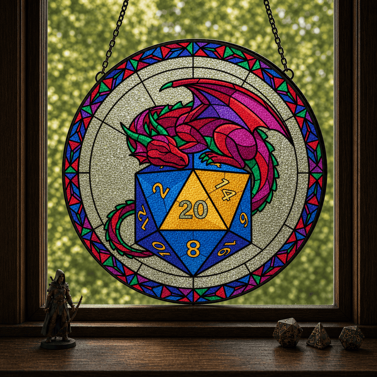 Hoardkeeper’s Roll - Stained Glass Suncatcher Hoardkeeper’s Roll | Dragon D20 Stained Glass Suncatcher