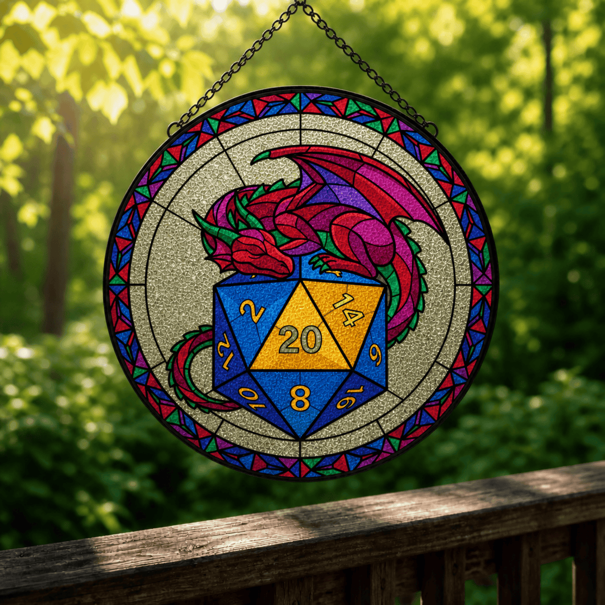 Hoardkeeper’s Roll - Stained Glass Suncatcher Hoardkeeper’s Roll | Dragon D20 Stained Glass Suncatcher