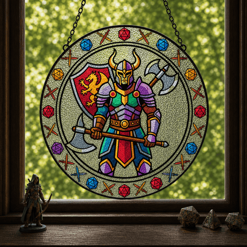 Dungeon Vanguard - Stained Glass Suncatcher Dungeon Vanguard | Fantasy Warrior DnD Stained Glass Suncatcher