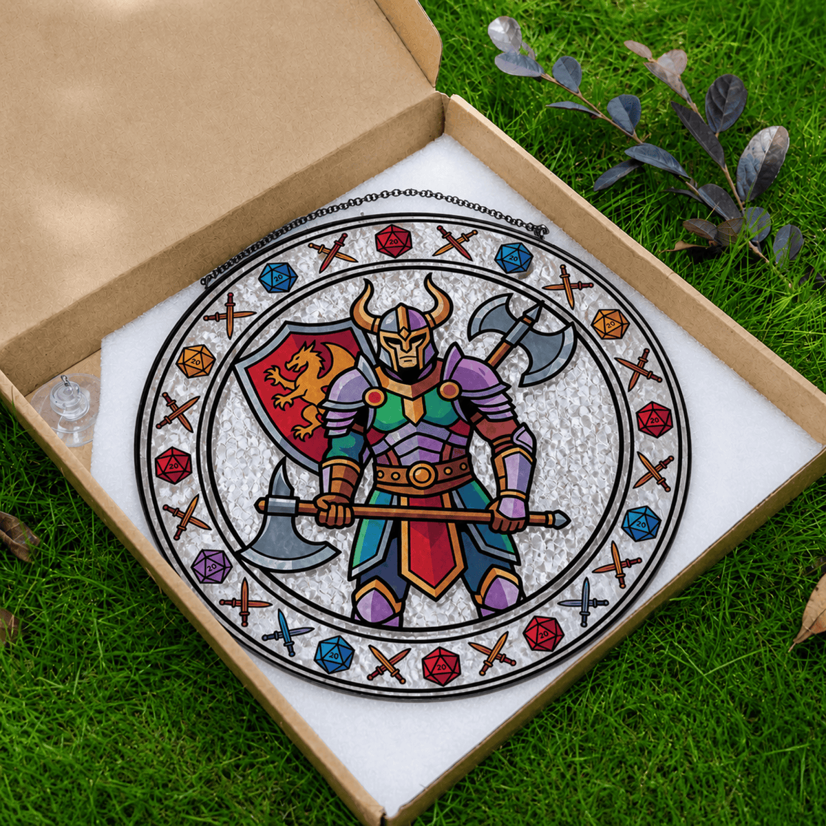 Dungeon Vanguard - Stained Glass Suncatcher Dungeon Vanguard | Fantasy Warrior DnD Stained Glass Suncatcher