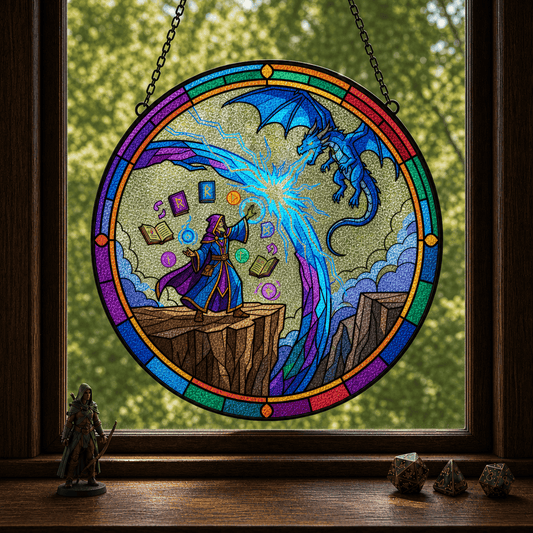 Arcane Duel - Stained Glass Suncatcher Arcane Duel | Wizard Dragon DnD Stained Glass Suncatcher