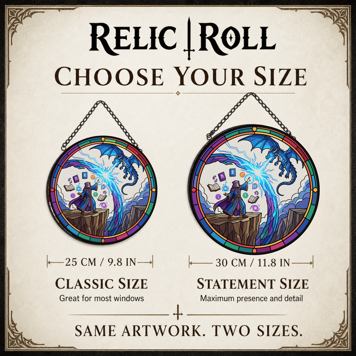 Arcane Duel - Stained Glass Suncatcher Arcane Duel | Wizard Dragon DnD Stained Glass Suncatcher