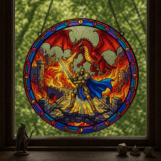 Last Stand at Wyrmfire - Stained Glass Suncatcher Last Stand at Wyrmfire | Dragon Battle DnD Stained Glass Suncatcher