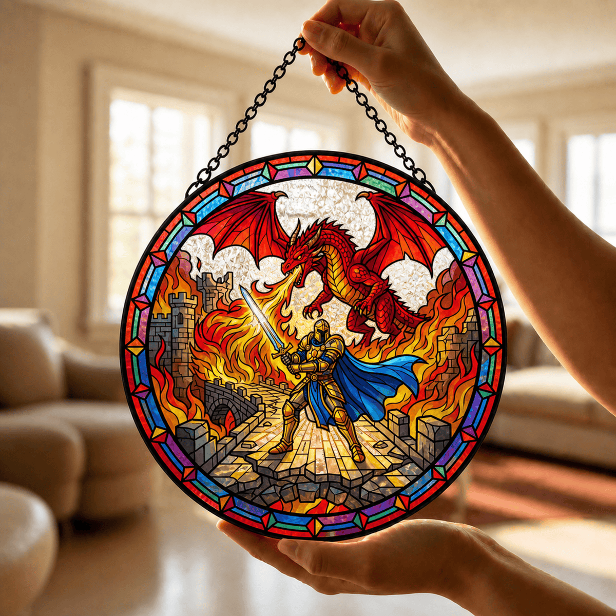 Last Stand at Wyrmfire - Stained Glass Suncatcher Last Stand at Wyrmfire | Dragon Battle DnD Stained Glass Suncatcher