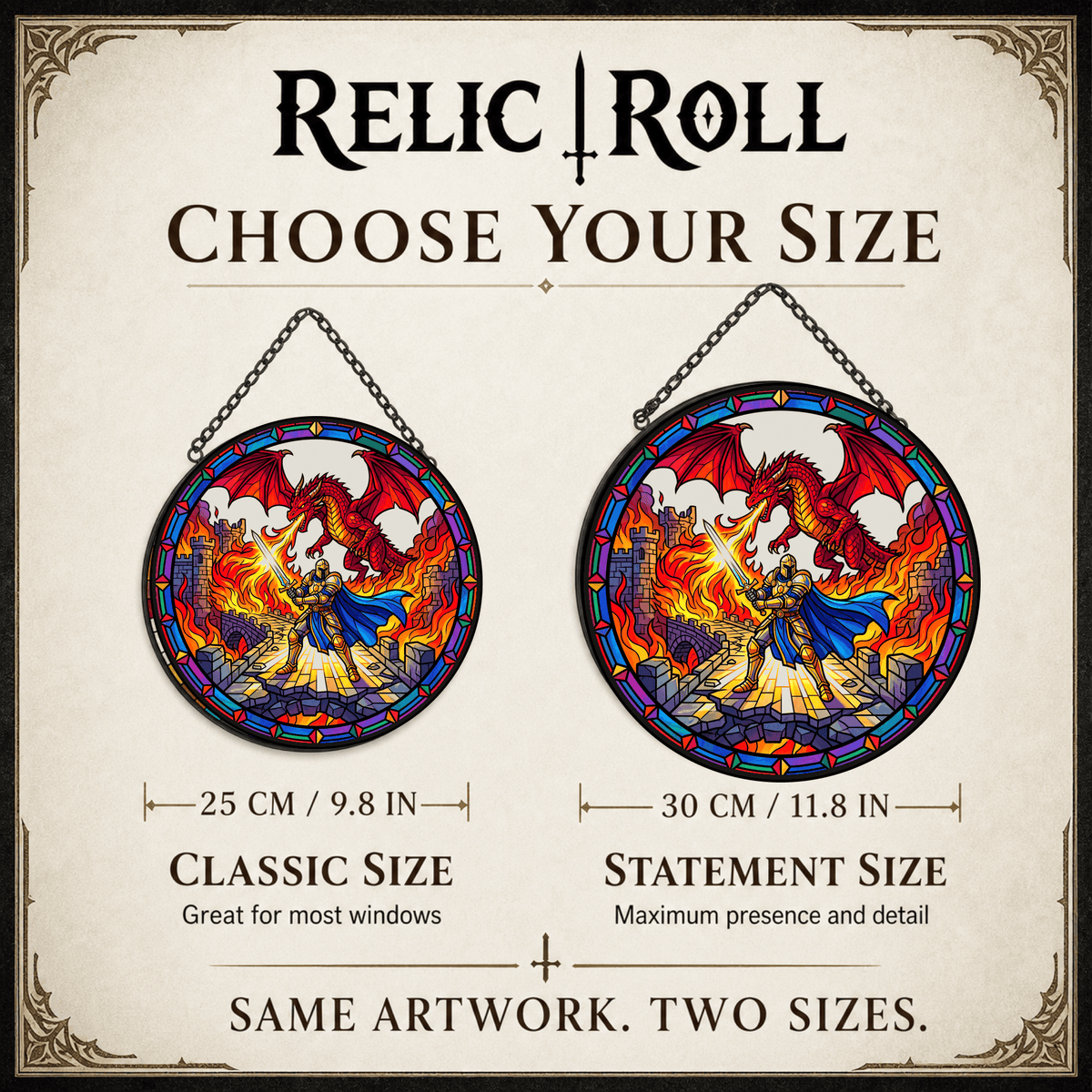 Last Stand at Wyrmfire - Stained Glass Suncatcher Last Stand at Wyrmfire | Dragon Battle DnD Stained Glass Suncatcher