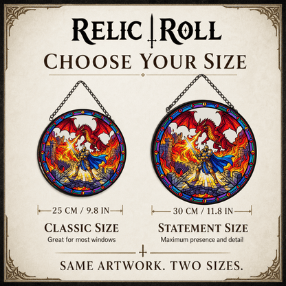 Last Stand at Wyrmfire - Stained Glass Suncatcher Last Stand at Wyrmfire | Dragon Battle DnD Stained Glass Suncatcher