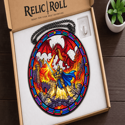 Last Stand at Wyrmfire - Stained Glass Suncatcher Last Stand at Wyrmfire | Dragon Battle DnD Stained Glass Suncatcher