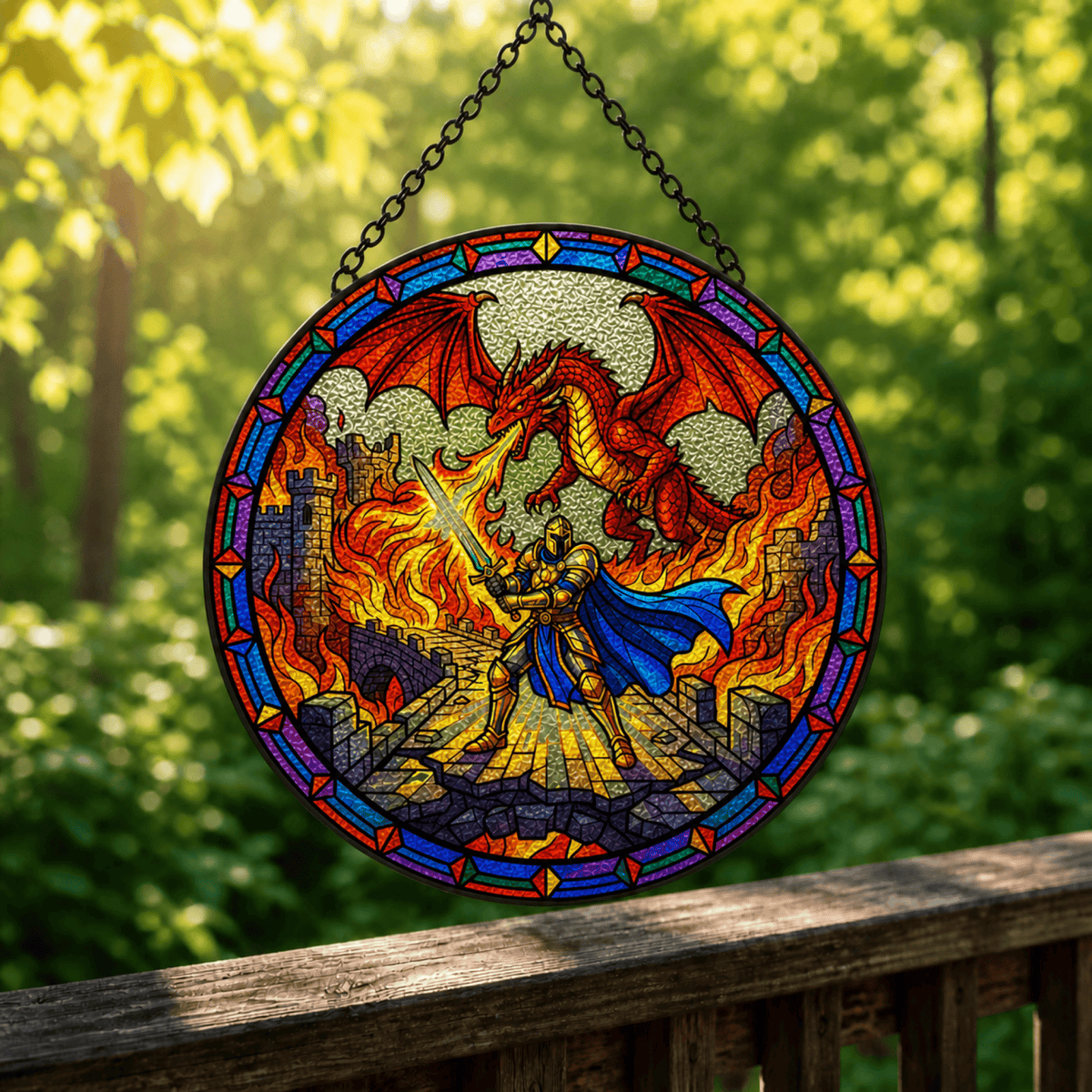 Last Stand at Wyrmfire - Stained Glass Suncatcher Last Stand at Wyrmfire | Dragon Battle DnD Stained Glass Suncatcher