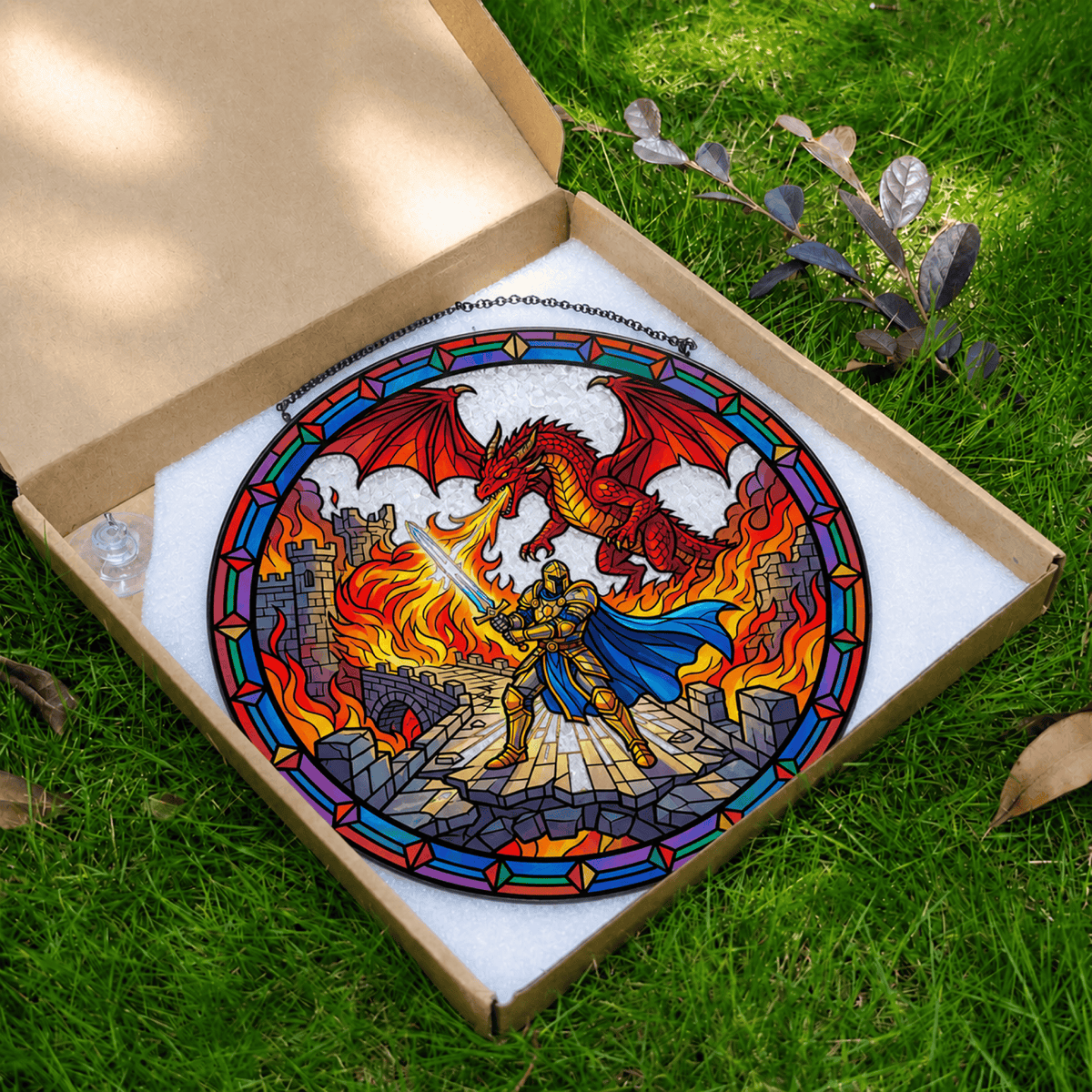 Last Stand at Wyrmfire - Stained Glass Suncatcher Last Stand at Wyrmfire | Dragon Battle DnD Stained Glass Suncatcher