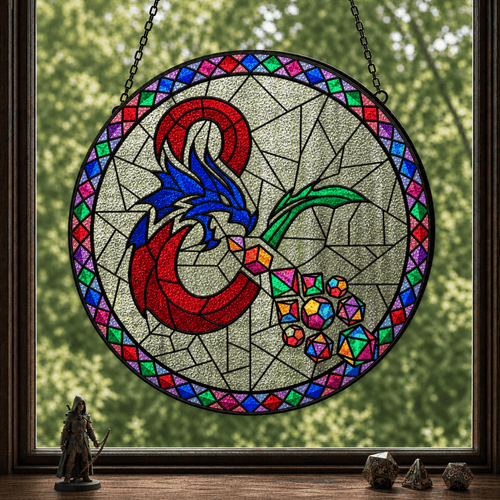 Dragon’s Lucky Hoard - Stained Glass Suncatcher Dragon’s Lucky Hoard | Dragon Dice Stained Glass Suncatcher