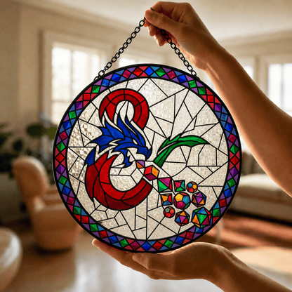 Dragon’s Lucky Hoard - Stained Glass Suncatcher Dragon’s Lucky Hoard | Dragon Dice Stained Glass Suncatcher