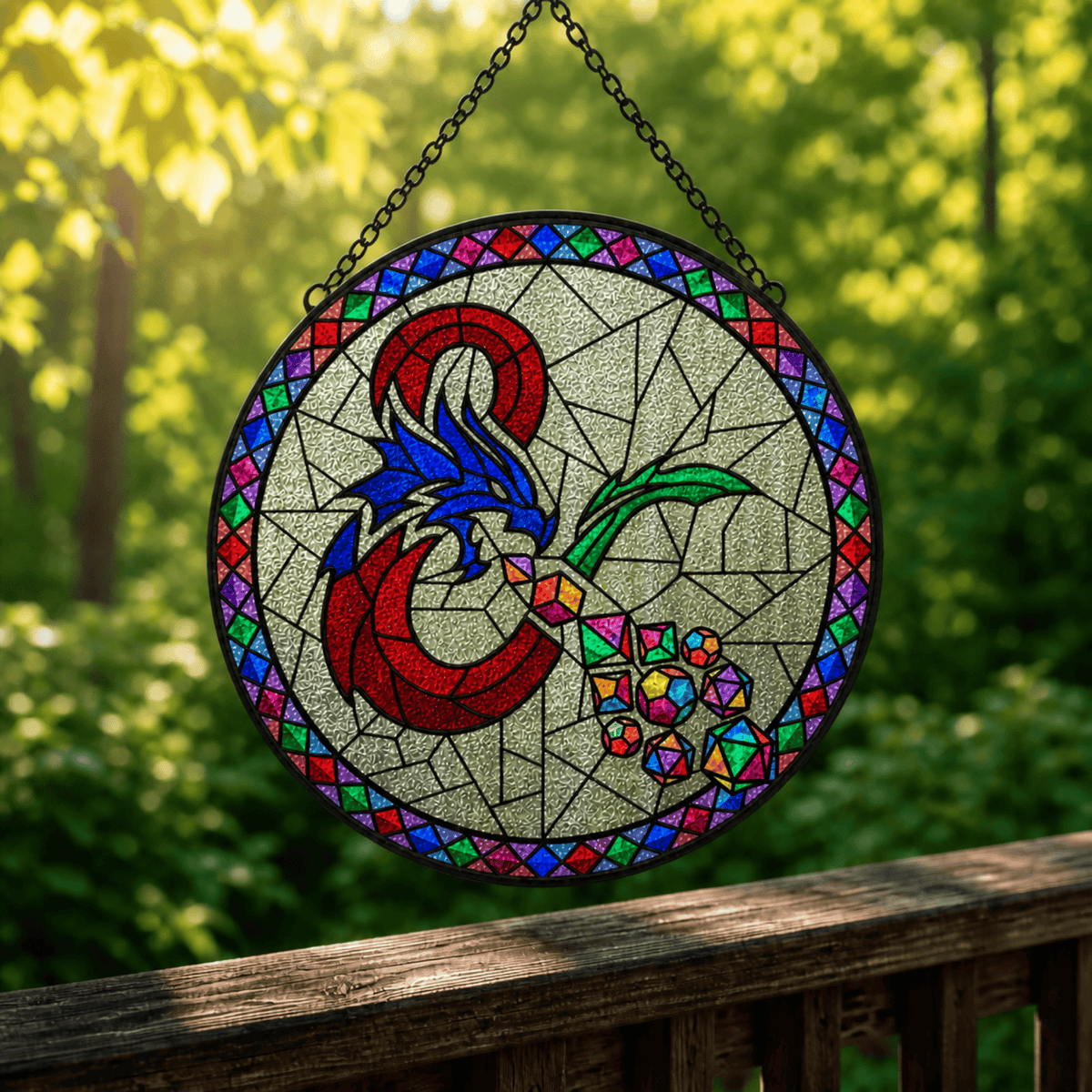 Dragon’s Lucky Hoard - Stained Glass Suncatcher Dragon’s Lucky Hoard | Dragon Dice Stained Glass Suncatcher