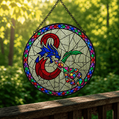 Dragon’s Lucky Hoard - Stained Glass Suncatcher Dragon’s Lucky Hoard | Dragon Dice Stained Glass Suncatcher