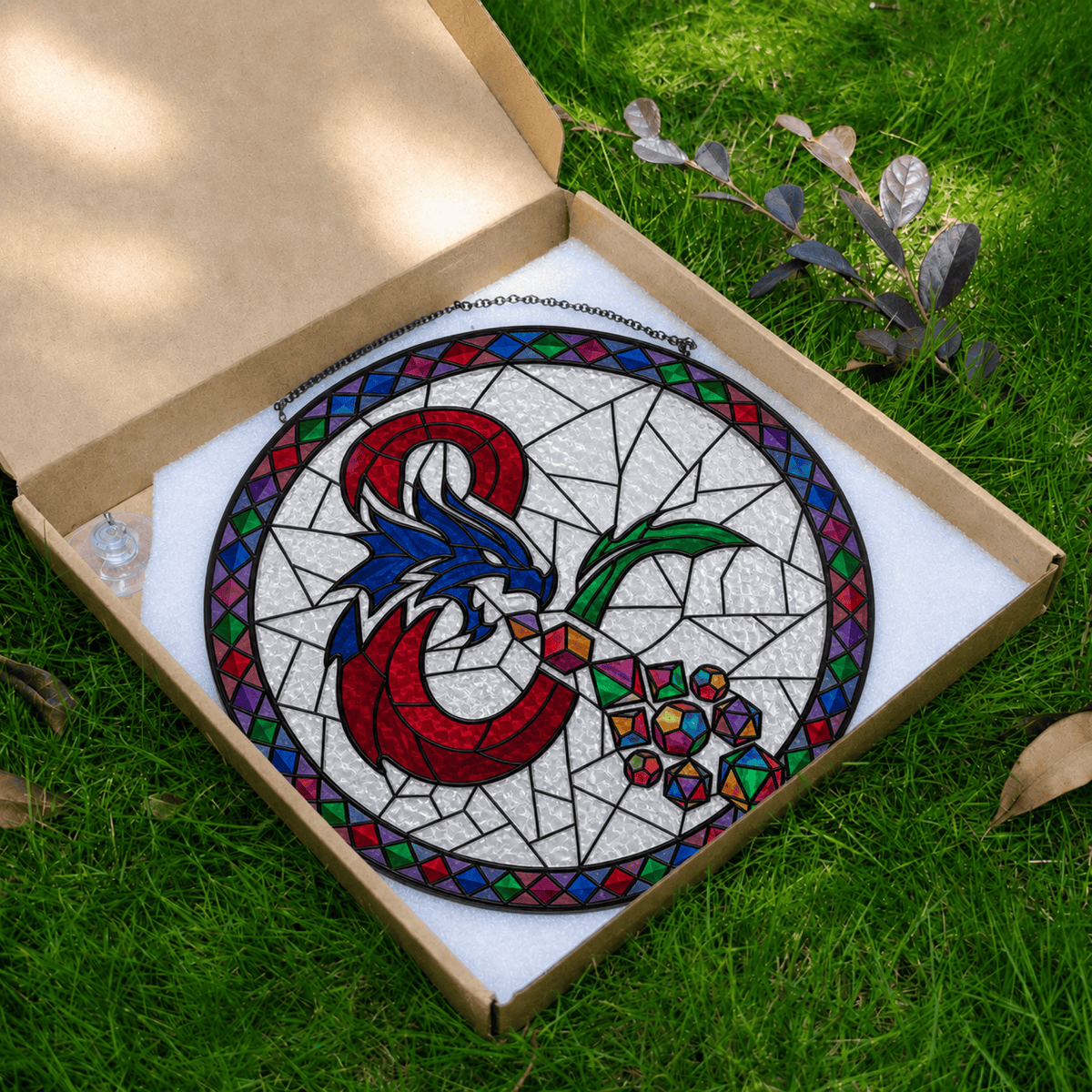 Dragon’s Lucky Hoard - Stained Glass Suncatcher Dragon’s Lucky Hoard | Dragon Dice Stained Glass Suncatcher