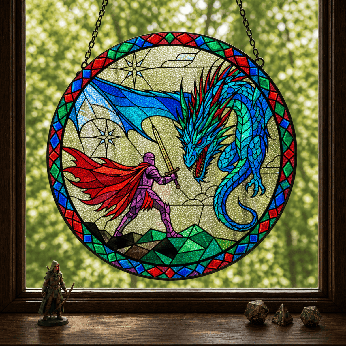 Sapphire Wyrm Duel - Stained Glass Suncatcher Sapphire Wyrm Duel | Blue Dragon DnD Stained Glass Suncatcher