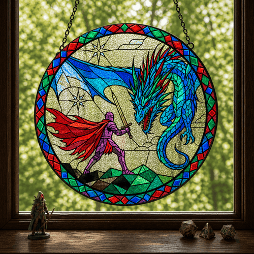 Sapphire Wyrm Duel - Stained Glass Suncatcher Sapphire Wyrm Duel | Blue Dragon DnD Stained Glass Suncatcher