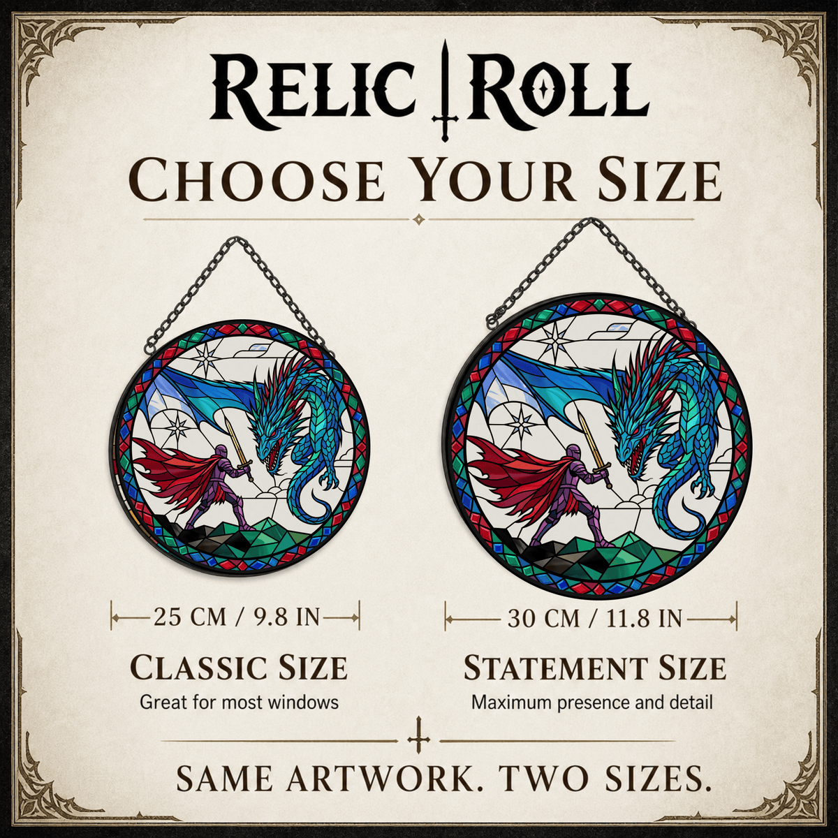 Sapphire Wyrm Duel - Stained Glass Suncatcher Sapphire Wyrm Duel | Blue Dragon DnD Stained Glass Suncatcher