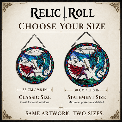 Sapphire Wyrm Duel - Stained Glass Suncatcher Sapphire Wyrm Duel | Blue Dragon DnD Stained Glass Suncatcher
